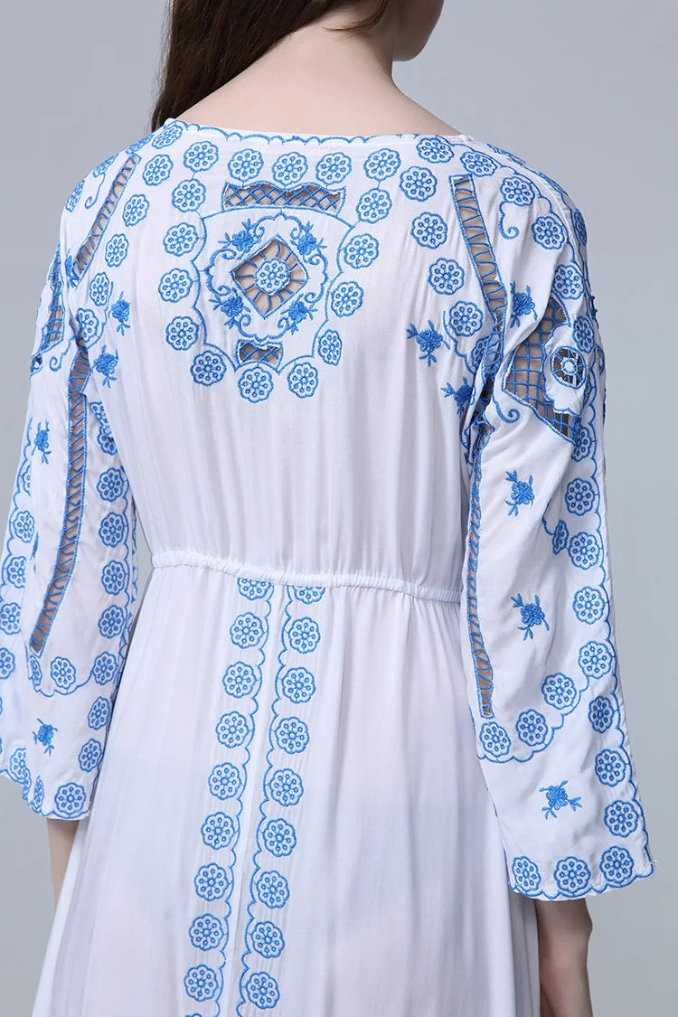Kaftans - Jastie Embroidered Women Maxi Dress V-Neck Batwing Sleeve Loose Oversize Summer Dresses Drawstring Waist Boho Beach Vestidos