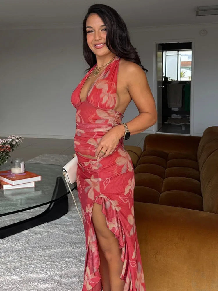 Party Dresses - Halter Deep V Neck Ruffled Sexy Maxi Dress For Women Fashion Sleeveless Backless High Waist Bodycon Club Printed Dress