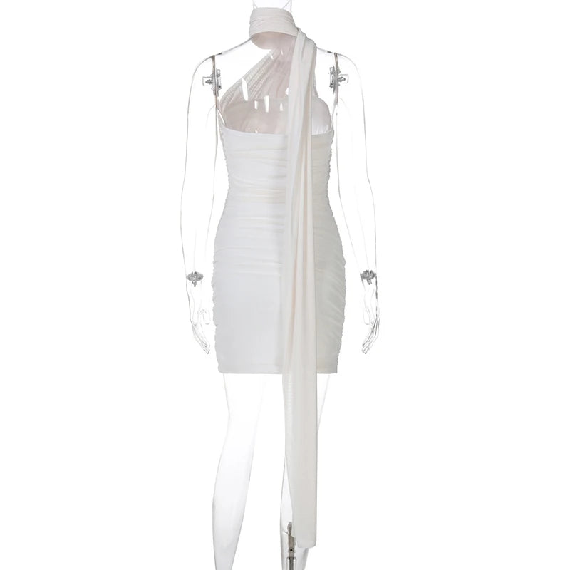 Halter Dresses - Mesh Strapless Backless Sexy Mini Dress For Women Robe Fashion Off-shoulder Sleeveless Ruched Bodycon Club Dress