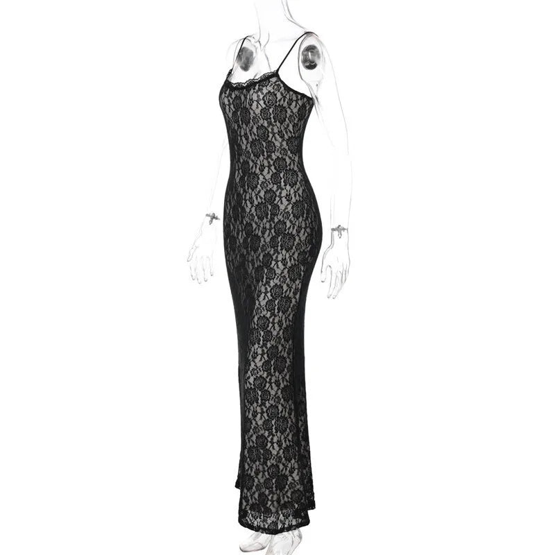 Elegant Dresses - Black Lace Sexy Maxi Dress For Women Slipdress Spaghetti Strap Sleeveless Backless High Waist Bodycon Club Long Dress