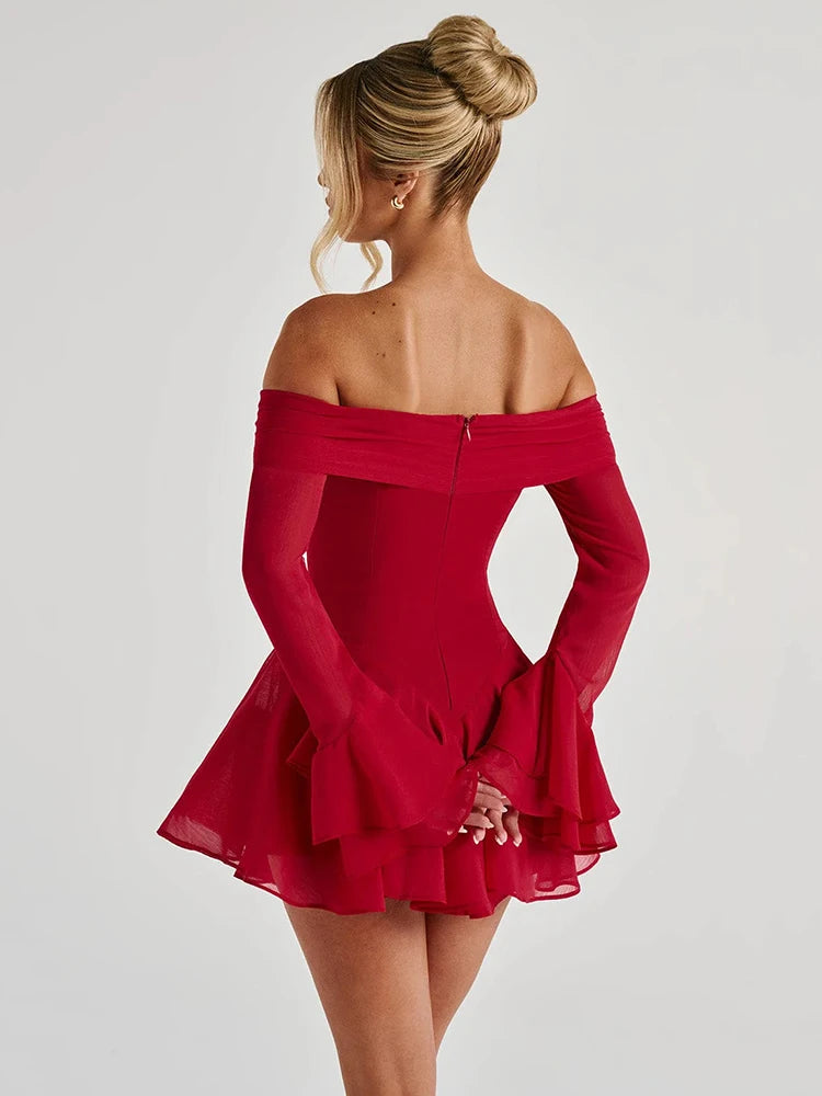 Party Dresses - Strapless Long Flare Sleeve Sexy Mini Dress For Women Robe Off-shoulder Backless High Waist A-line Club Party Dress