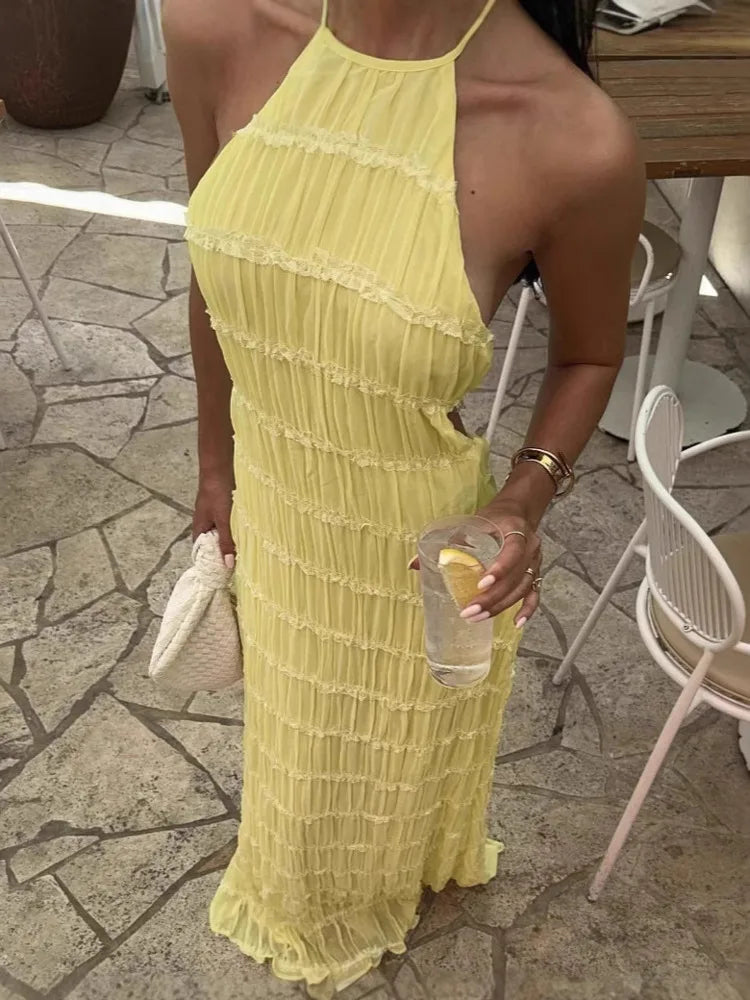 Party Dresses - Mozision Halter Backless Sexy Maxi Dress For Women Spring Summer New Lace-up Sleeveless Pleated Beach Holiday Long Dress Elegant