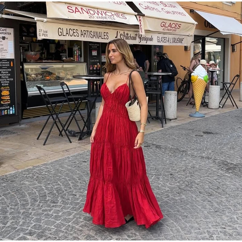 - Elegant Suspender Maxi Dress Women Sexy Summer Pleated Sling Beach Dress Female Backless V-neck Vacation Evening Long Vestidos