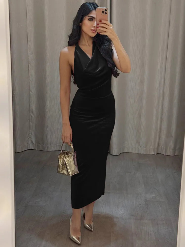 Elegant Dresses - Halter Backless Sexy Maxi Dress For Women Gown Fashion Lace-up Deep V Neck Sleeveless Bodycon Split Long Dress Elegant