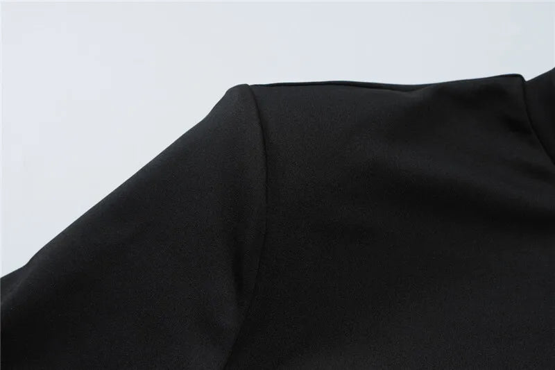 Mini Dresses - Short Sleeve Draped Sexy Mini Dress For Women Black Metal Buckle O Neck High Waist Bodycon Club Dress Vestido Clothes