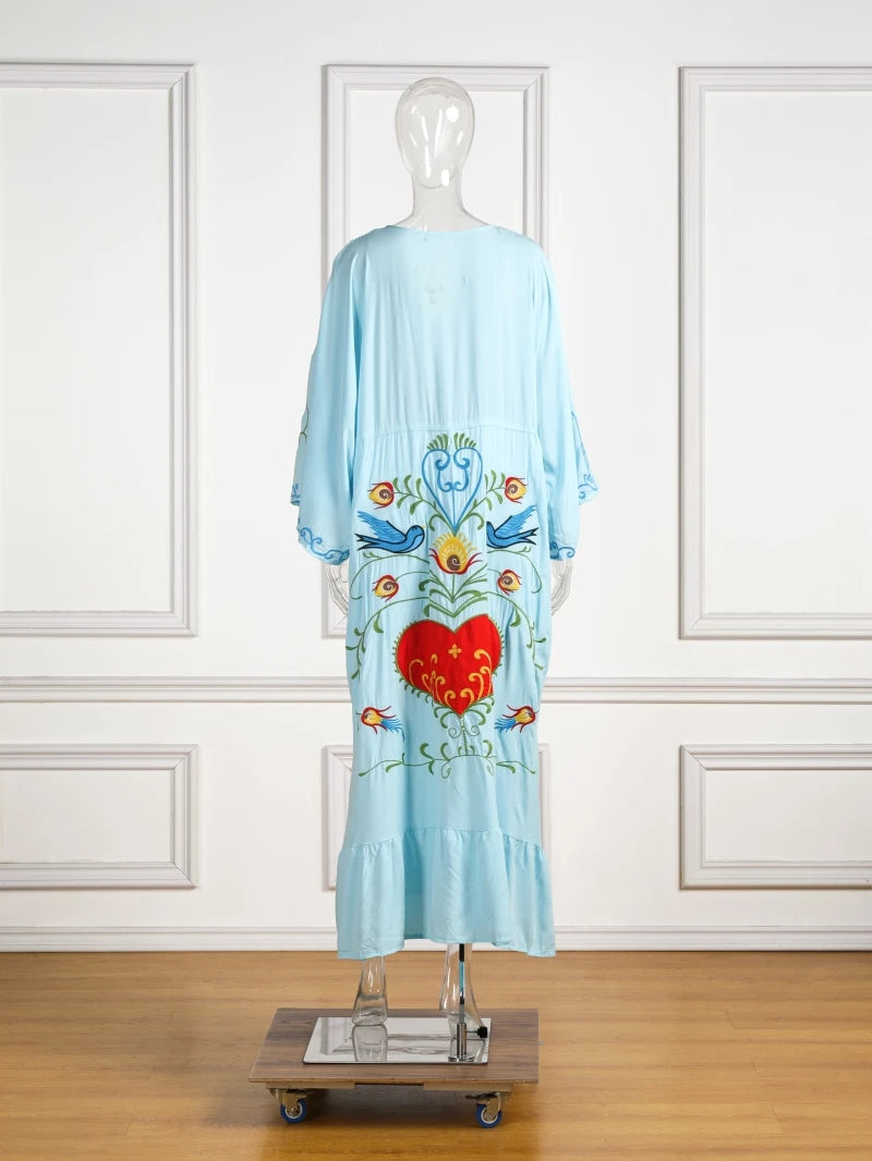 Kaftans - Jastie Embroidered Women Maxi Dress V-Neck Batwing Sleeve Loose Oversize Summer Dresses Drawstring Waist Boho Beach Vestidos