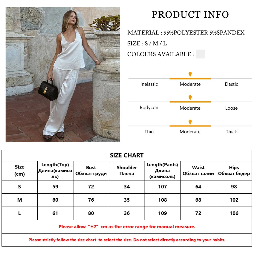 - Summer Loose White Satin 2 Piece Sets Woman Outfit 2025 Sexy Sleeveless Tank Top With High Waist Wide Pants Set Female