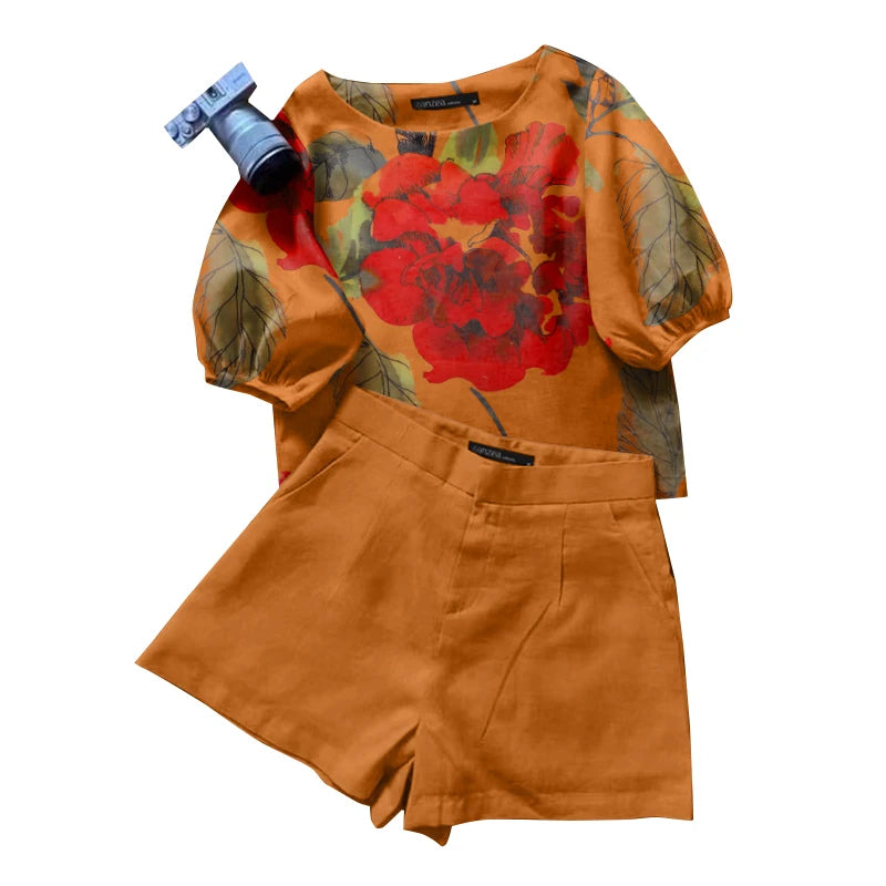 Shorts Outfit Set - Summer Short Sets Women Outfits 2PCS Elegant Short Sleeve Floral Blouse Pant Suit Fashion Tracksuit Matching Sets