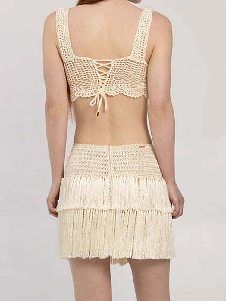 Skirt Sets - New Hollow Out Fashion Holiday 2PCS Outfit, Summer Women Solid Patchwork Sexy Sets, 2025 Short Top Mini Skirts Chic Ladies Suits