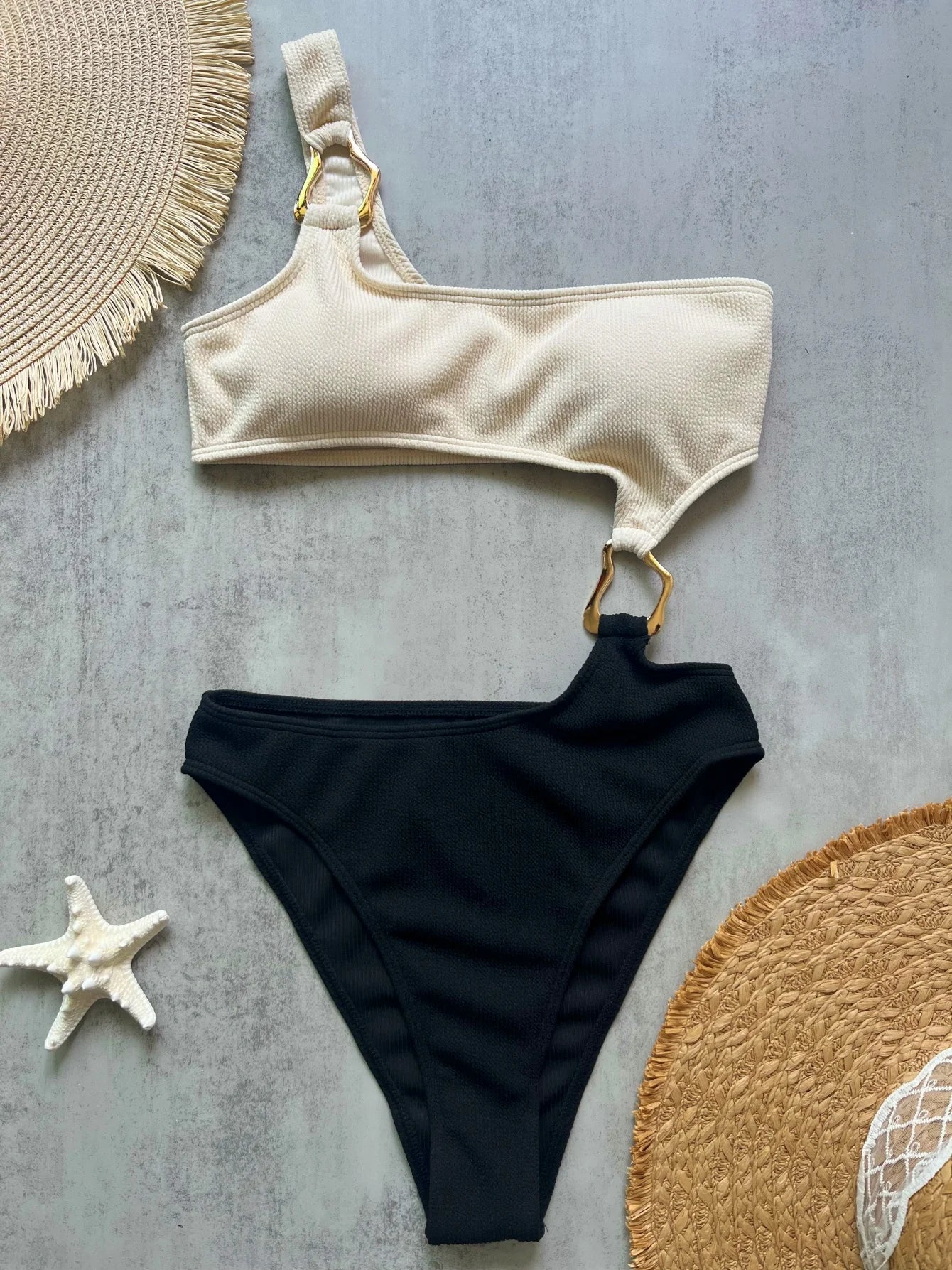 Swimwear - New Splicing Asymmetric One Shoulder One Piece Swimsuit Women Swimwear Female Metal Ring High Cut Bather Bathing Suit Swim