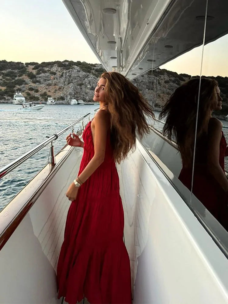 - Elegant Suspender Maxi Dress Women Sexy Summer Pleated Sling Beach Dress Female Backless V-neck Vacation Evening Long Vestidos