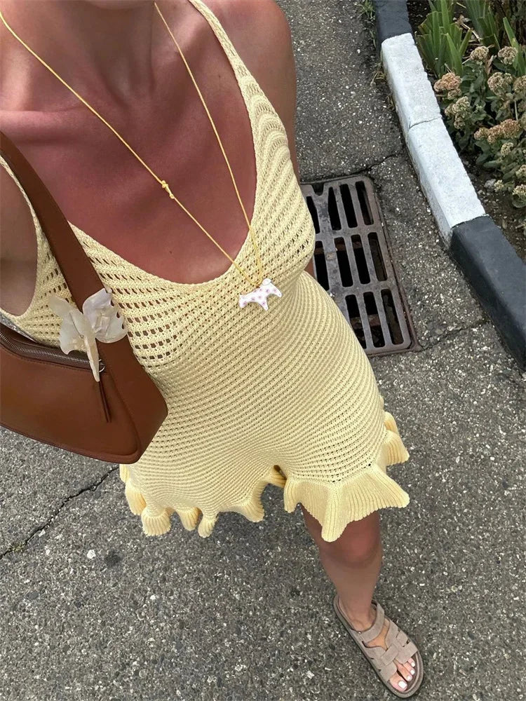 Knit Dresses - Knit Ruffled Hollow Out Mini Dress Female V-Neck See-Through Holiday Beach Casual Clothes Summer Women's Knitwear Dress
