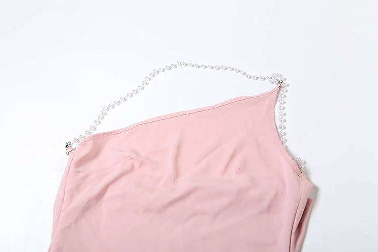 MinI Dresses - Pearl Chains Women Dress Backless Slanted Shoulders Temperament Summer Trend Solid Banquet Elegant Party Mini Bodycon