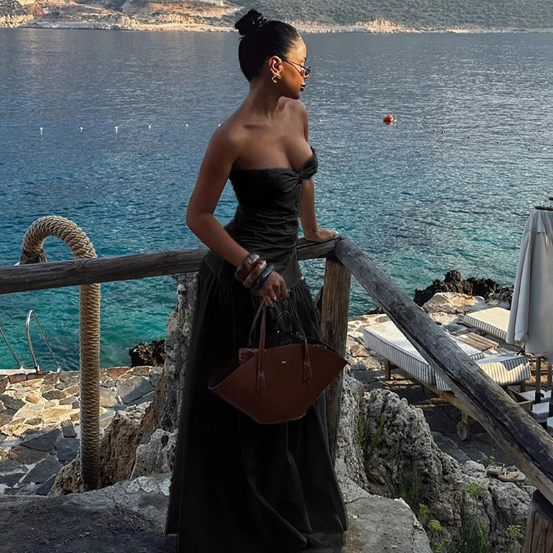 Vacation Dresses - Women's Beach Vacation Strapless Hollow Dress Solid Color Sleeveless Bodycon Maxi Dress Lady High Waist Splice 2025 New