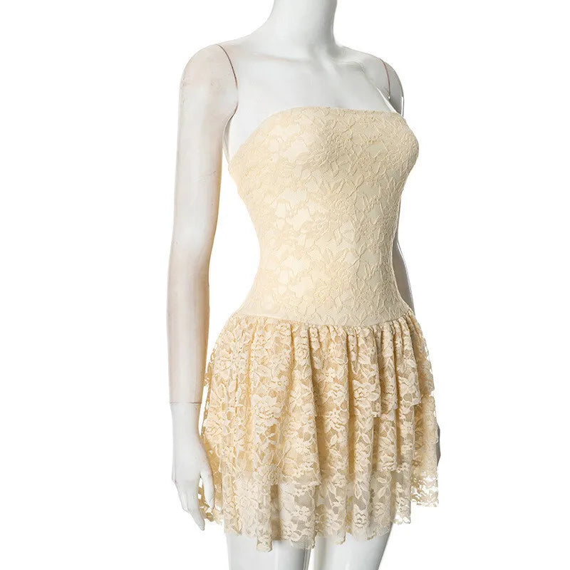 Tube Dresses - Off-shoulder Strapless Sexy Mini Dress For Women Elegant Lace Sleeveless Backless High Waist Pleated Cake Dress