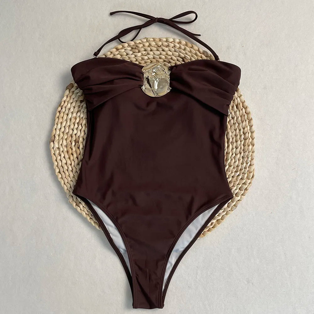 Swimsuits - 2 Colors Sexy Metal Rings Cut Out Women Swimwear One Piece Swimsuit Female Bandeau High Leg Cut Bather Bathing Suit Swim