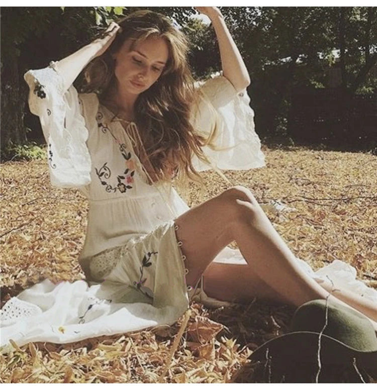 Kaftans - Jastie Embroidered Women Maxi Dress V-Neck Batwing Sleeve Loose Oversize Summer Dresses Drawstring Waist Boho Beach Vestidos