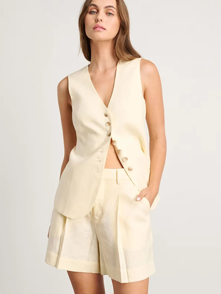 Shorts Sets - Cotton And linen Chic Casual Vest Shorts Set Women's Summer New Fashion Commuter Sleeveless Tank Top Shorts Suits
