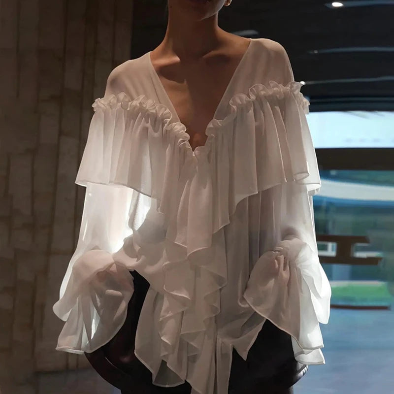 Blouses - Women's Chiffon Ruffle Shirts White Loose V-neck Lantern Sleeve See Through Blouses 2025 Spring Summer Lady Commute Outwears