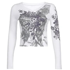 T-shirts - 2024 Autumn And Winter New Y2k Millennium Style Abstract Pattern Print Sexy Round Neck Slim Slim Long-Sleeved T-Shirt Top Women