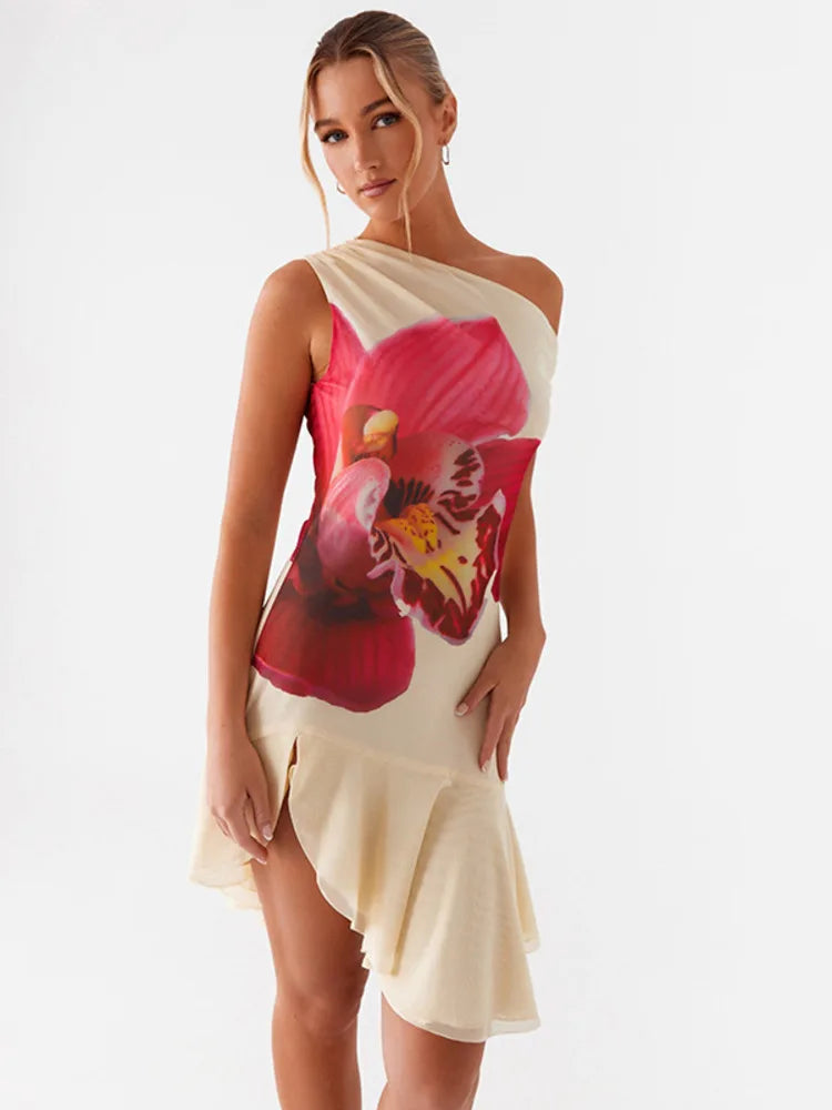 Off Shoulder Dresses - Skew Collar Ruffled Print Sexy Mini Dress For Women Off-shoulder Sleeveless Backless High Waist Printed Dress Vestido