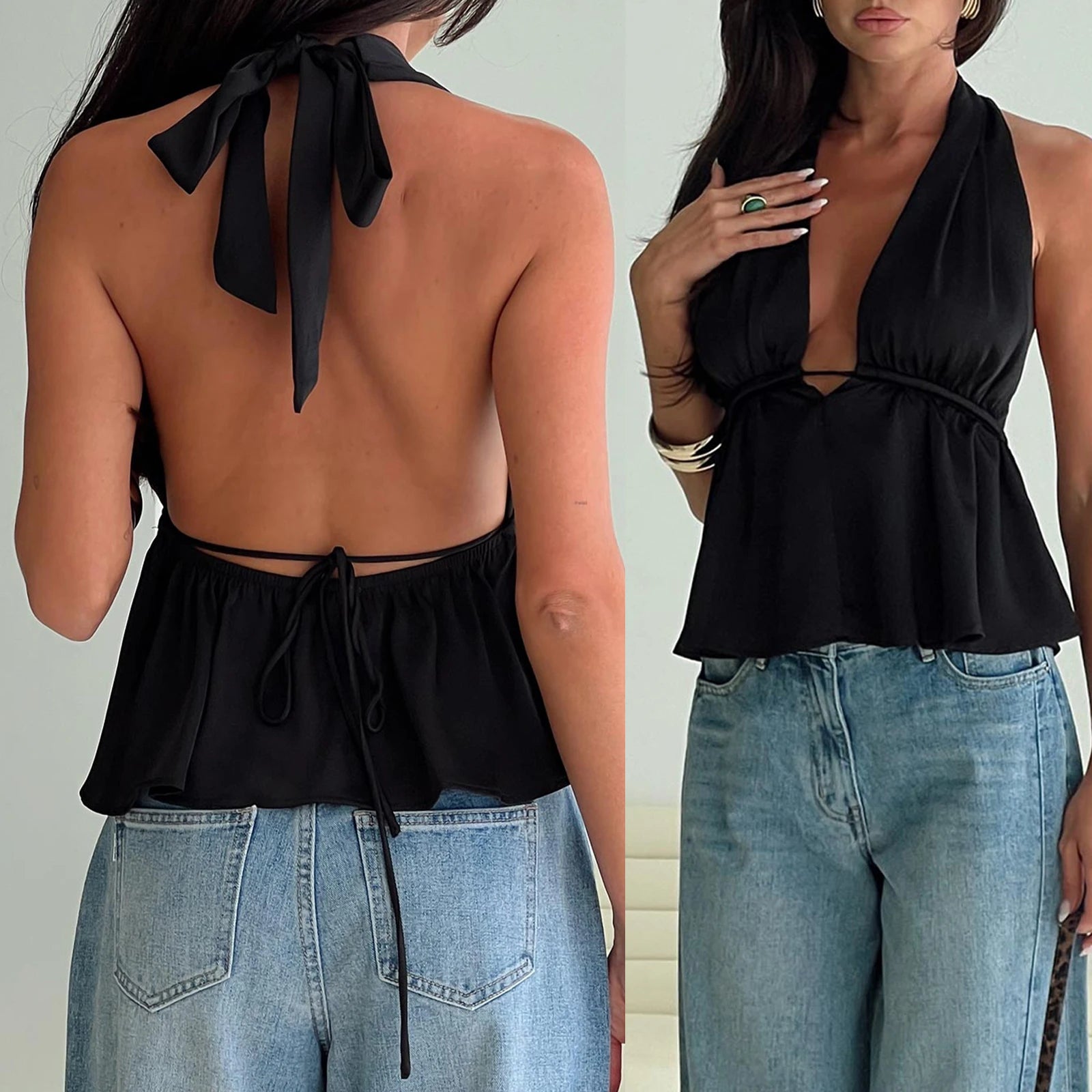 Sleeveless Blouses - Women Halter Neck Crop Tops Sexy Tie-up Sleeveless Backless Tank Tops Solid Color Summer Vest Female Camisoles for Club Party