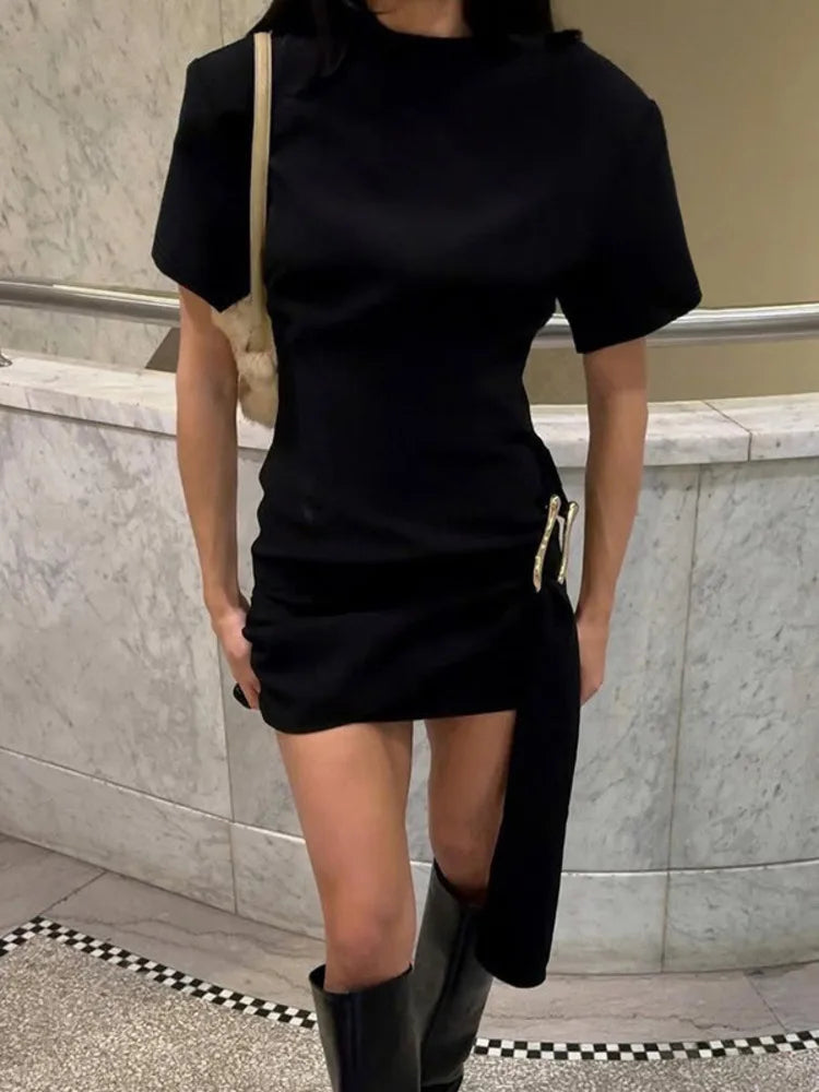 Mini Dresses - Short Sleeve Draped Sexy Mini Dress For Women Black Metal Buckle O Neck High Waist Bodycon Club Dress Vestido Clothes