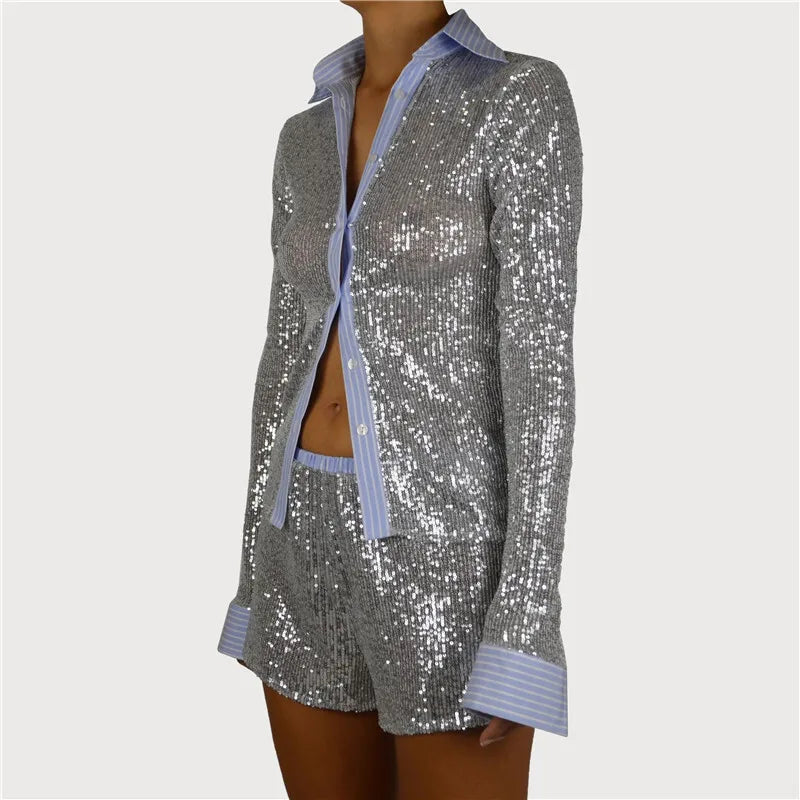 Shorts Sets - Silver Glitter Shorts Sets Women Contrast Color Single-breasted Shirt And Shorts Sparkle Two Piece Set Shorts Sets