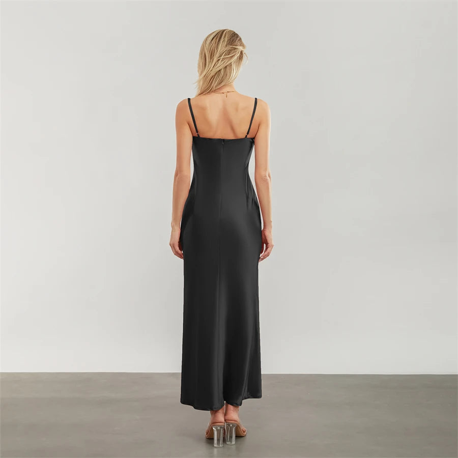 Satin Dresses - Backless Spaghetti Straps Party Long Dresses 2024 New Evening Gown Satin Vestidos Women's Cowl Neck Slip Wrap Dress