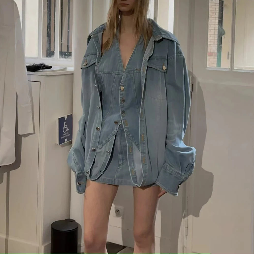 Denim Outfits - Loose Chic Jackets For Women Lapel Long Sleeve Streetwear Patchwork Pockets Coats Female Fashion Style New