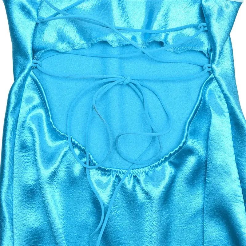 Mini Dresses - Patchwork Sleeveless Sexy Mini Dress For Women Robe Satin Strapless Backless Lace-up High Waist A-line Club Dress