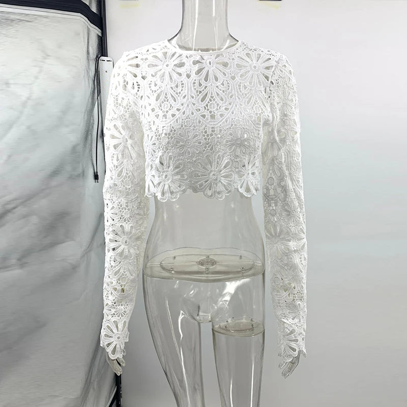 Matching Sets - Elegant See Through Crochet Top Women Set Hallow Out Flare Long Sleeve Top Slim Empire Hip Package Skirts 2025 Summer Lady Set