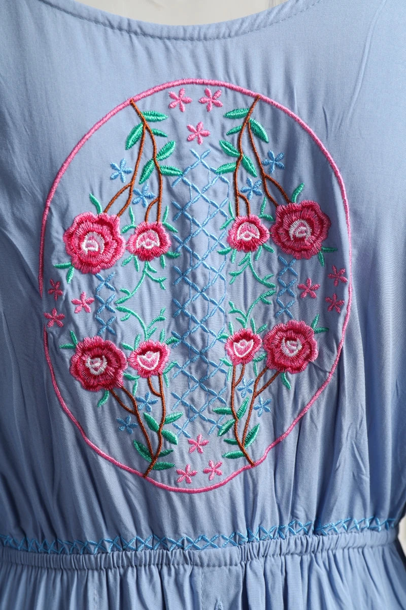 Kaftans - Jastie Embroidered Women Maxi Dress V-Neck Batwing Sleeve Loose Oversize Summer Dresses Drawstring Waist Boho Beach Vestidos