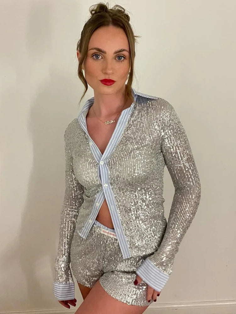 Shorts Sets - Silver Glitter Shorts Sets Women Contrast Color Single-breasted Shirt And Shorts Sparkle Two Piece Set Shorts Sets