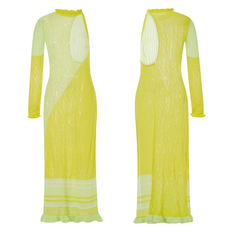 Beach Dresses - Contrast Color Hollow-Out Knit Beach Long Dress 2023 Summer See-Through One-Shoulder Long Sleeve Halter Tie-up Cover-Ups Dress