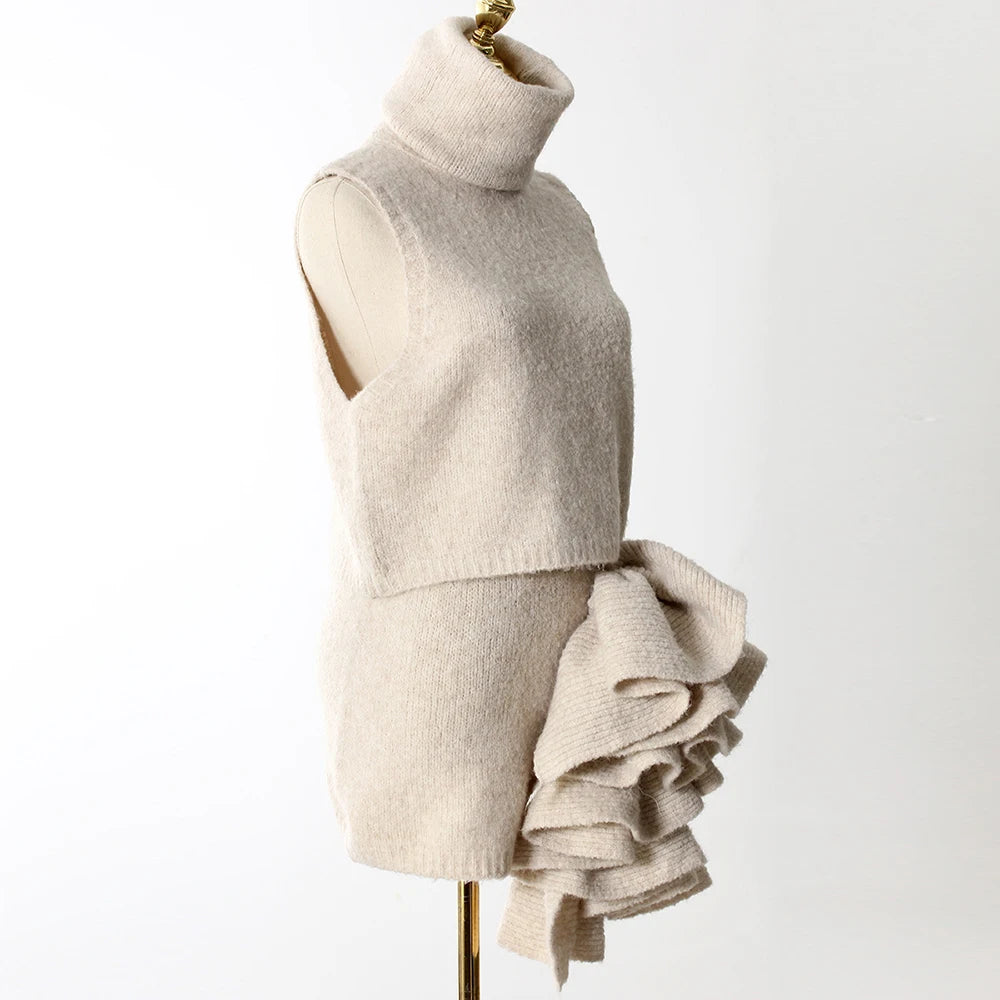 Knitwear - TWOTWINSTYLE Three Piece Set For Women Lapel Long Sleeve Coat High Neck Vest High Waist Patchwork Appliques Skirt Sets Female