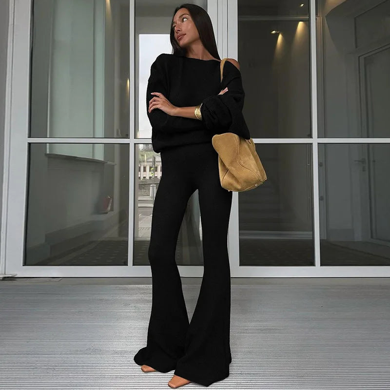 Elegant Fashion Outfits Two Piece Sets Asymmetrical Top and Flare Pant Casual Women Matching Sets Loungewear