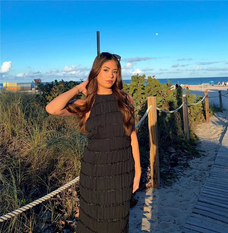 Party Dresses - Mozision Halter Backless Sexy Maxi Dress For Women Spring Summer New Lace-up Sleeveless Pleated Beach Holiday Long Dress Elegant