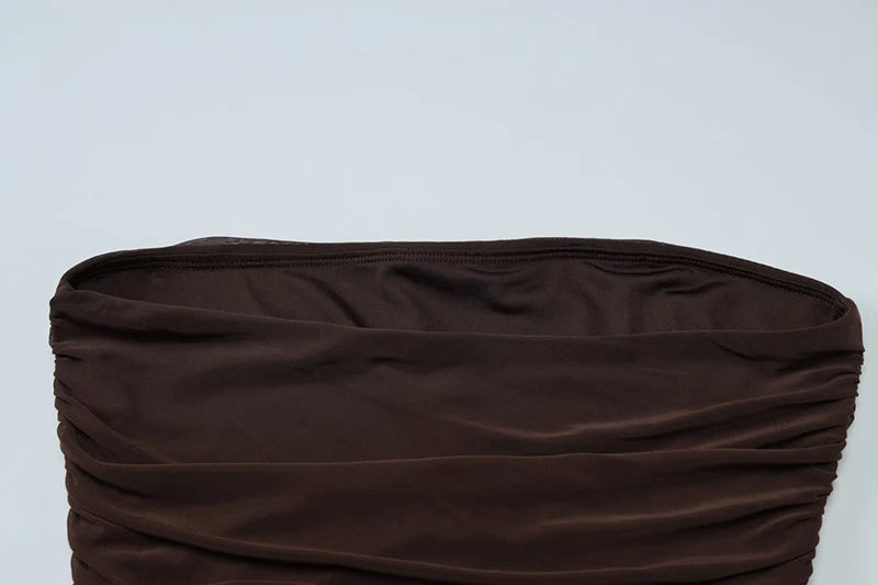 Elegant Dresses - Off-shoulder Strapless Sexy Maxi Dress For Women Borwn Sleeveless Backless High Waist Bodycon Club Long Dress Elegant