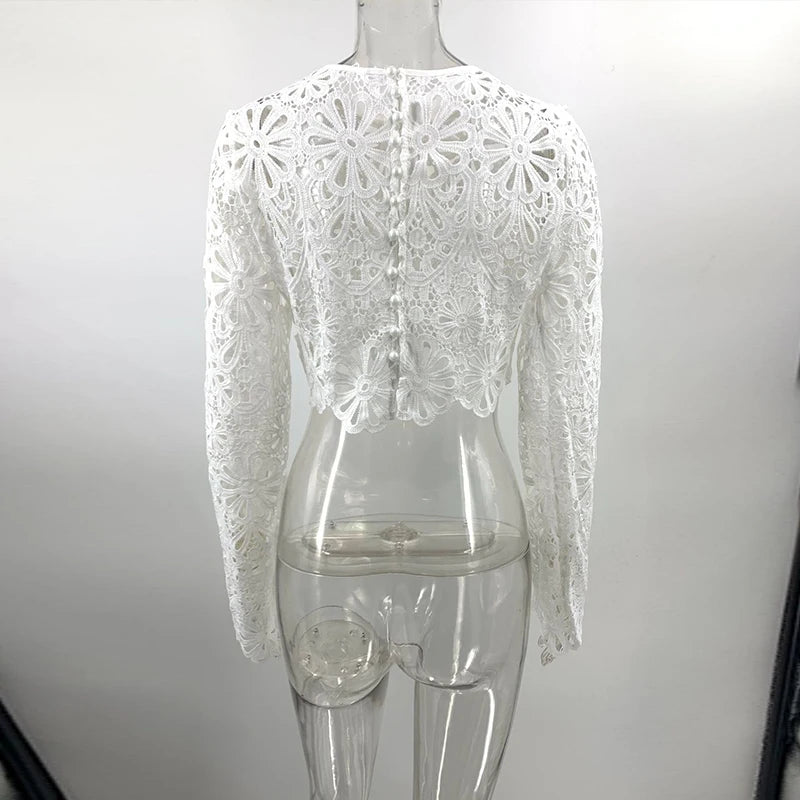 Matching Sets - Elegant See Through Crochet Top Women Set Hallow Out Flare Long Sleeve Top Slim Empire Hip Package Skirts 2025 Summer Lady Set