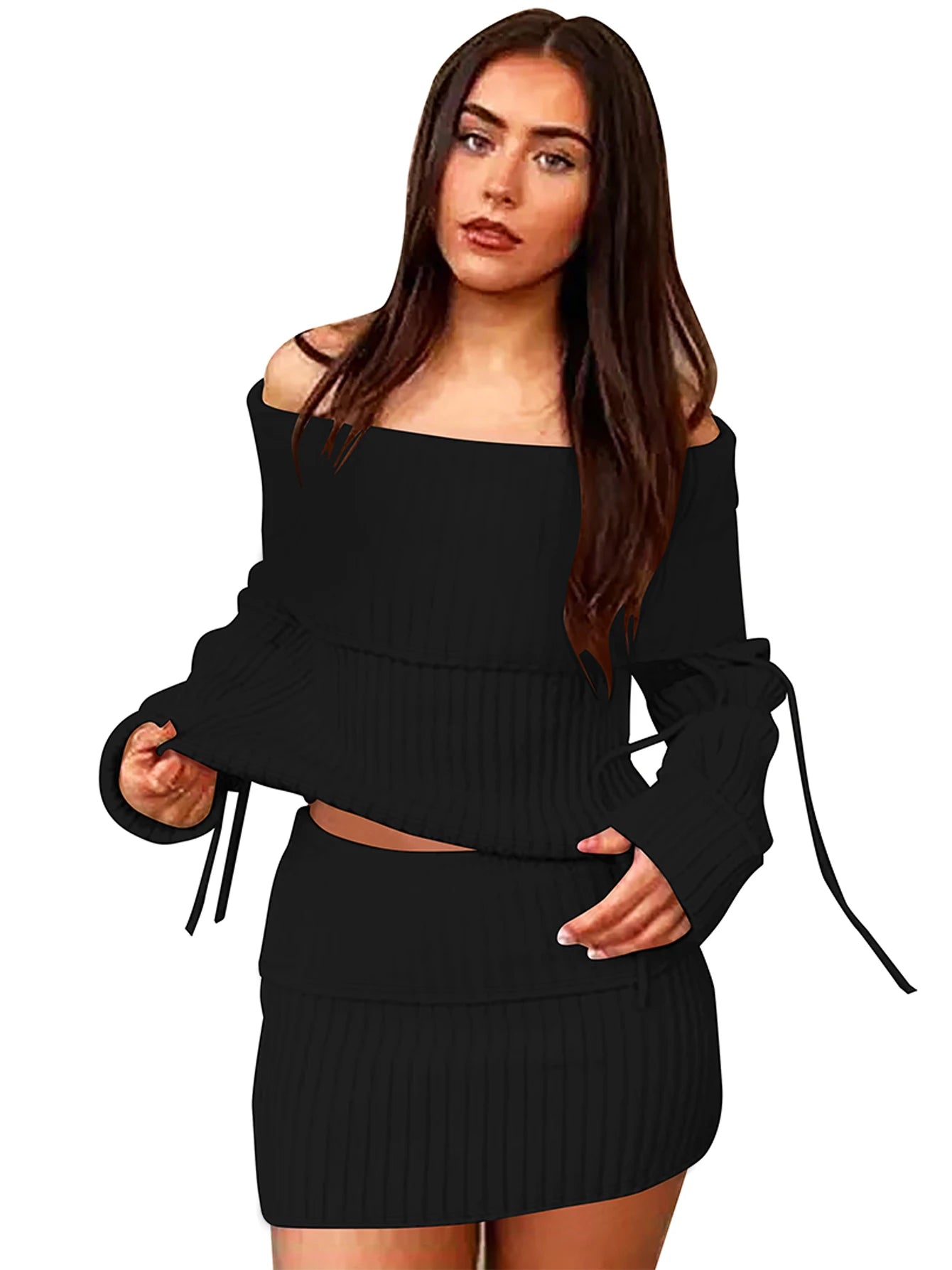 Matching Sets - Dulzura Ribbed Sexy Elegant 2 Piece Skirt Set Off Shoulder Long Sleeve Lace Up Top Mini Skirt Matching Set Party Club Streetwear