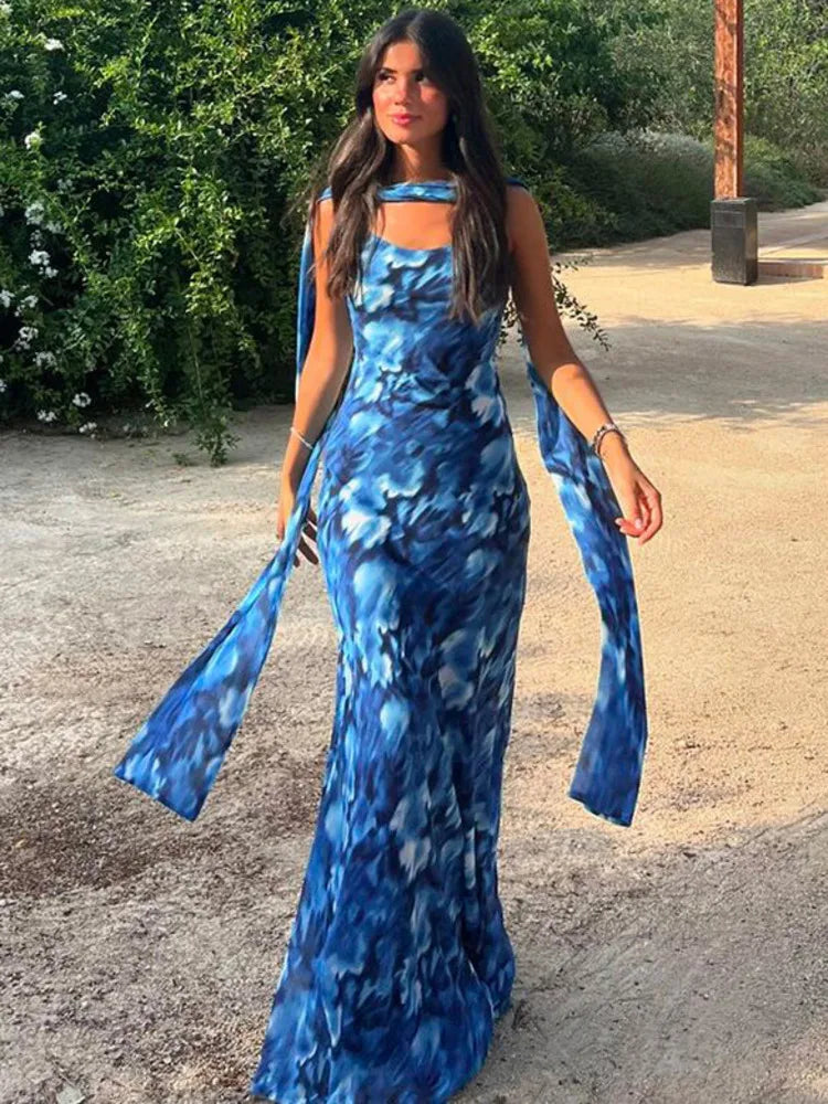 Elegant Dresses - Halter Backless Print Sexy Maxi Dress For Women Gown Elegant Blue Printed Lace-up Sleeveless Evening Long Dress