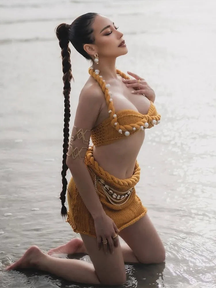 Cover up - Retro Knitted Bikini Top Mini Skirt Woman's Set Casual Solid Pearl Halter Tops High Waist Slim Skirts Sets Female Beach Outfits