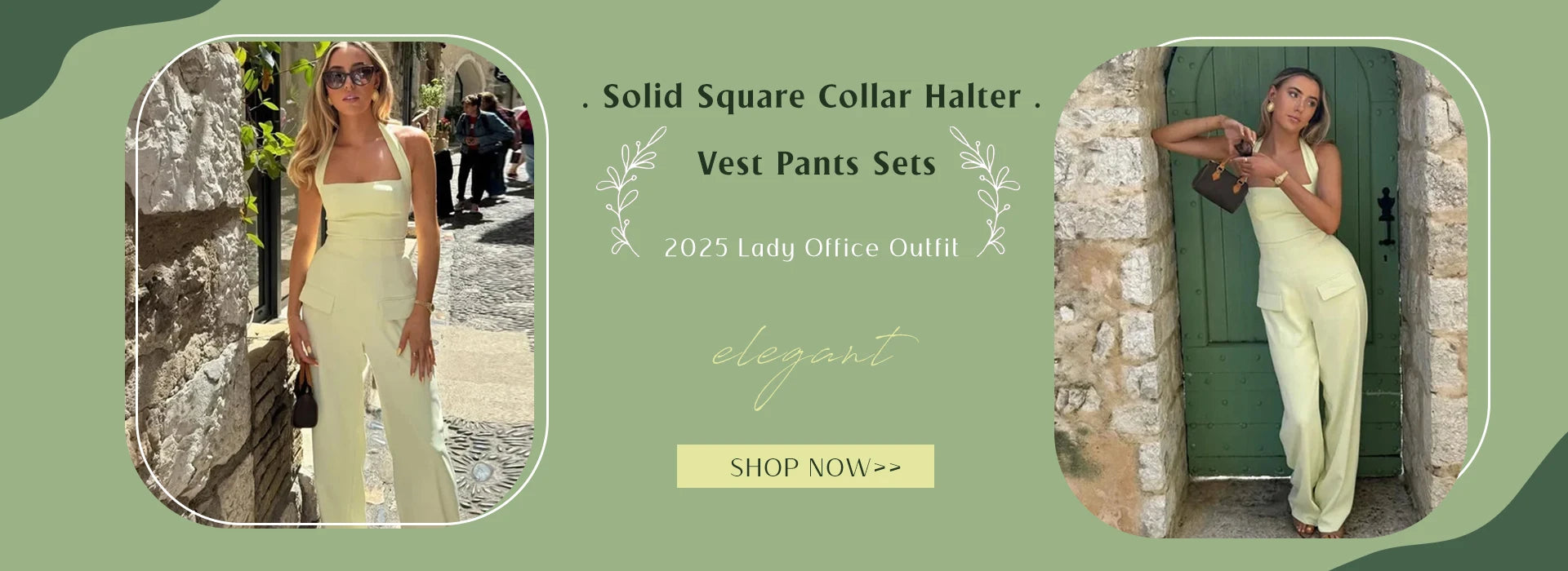 Pants Sets - Solid Square Collar Halter Vest Pants Sets Women Slim Backless Sleeveless Tops High Waist Wide Leg Pant 2025 Lady Office Outfit