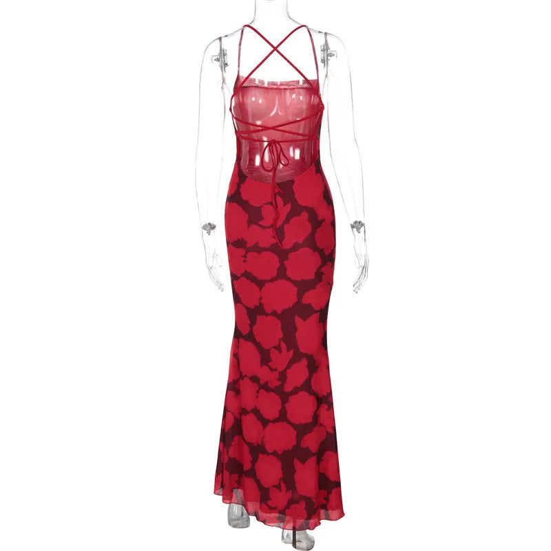 Elegant Dresses - Spaghetti Strap Print Sexy Maxi Dress For Women Gown Summer New Sleeveless Backless High Waist Club Long Dress Elegant