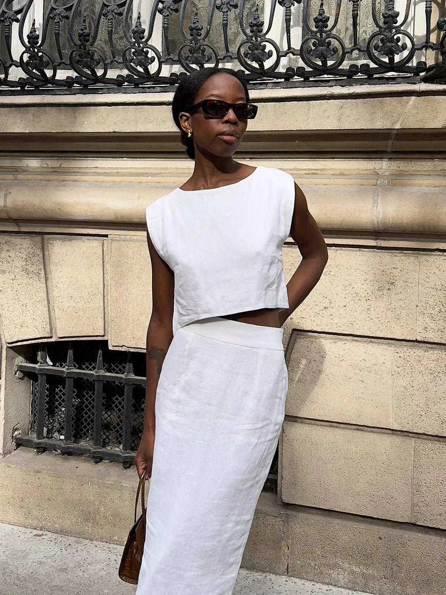 Skirts set - Cotton Linen Vest Half Skirt 2-Piece Set Women's Summer New INS Chic Short Vest Casual Set Split Long Skirt Suits