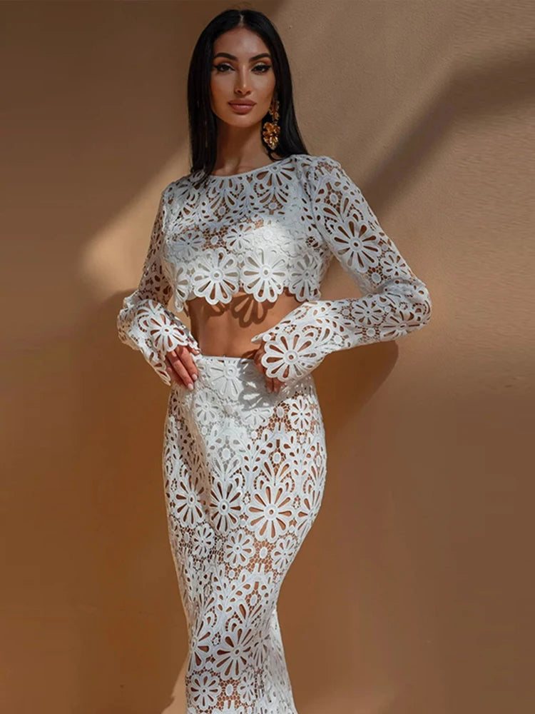 Matching Sets - Elegant See Through Crochet Top Women Set Hallow Out Flare Long Sleeve Top Slim Empire Hip Package Skirts 2025 Summer Lady Set