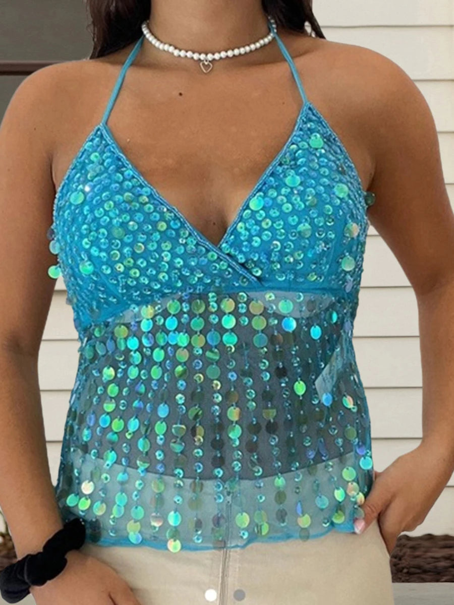 Tops - Women Y2k Sparkly Sequin Halter Beaded Camisole Cute Glitter Rhinestone Spaghetti Strap Backless Criss Cross Cami Top Blue
