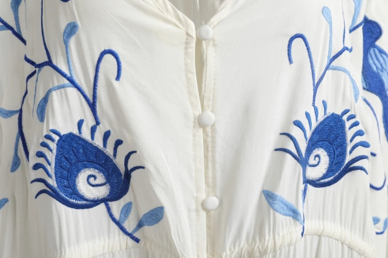 Kaftans - Jastie Embroidered Women Maxi Dress V-Neck Batwing Sleeve Loose Oversize Summer Dresses Drawstring Waist Boho Beach Vestidos