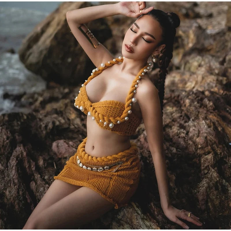 Cover up - Retro Knitted Bikini Top Mini Skirt Woman's Set Casual Solid Pearl Halter Tops High Waist Slim Skirts Sets Female Beach Outfits